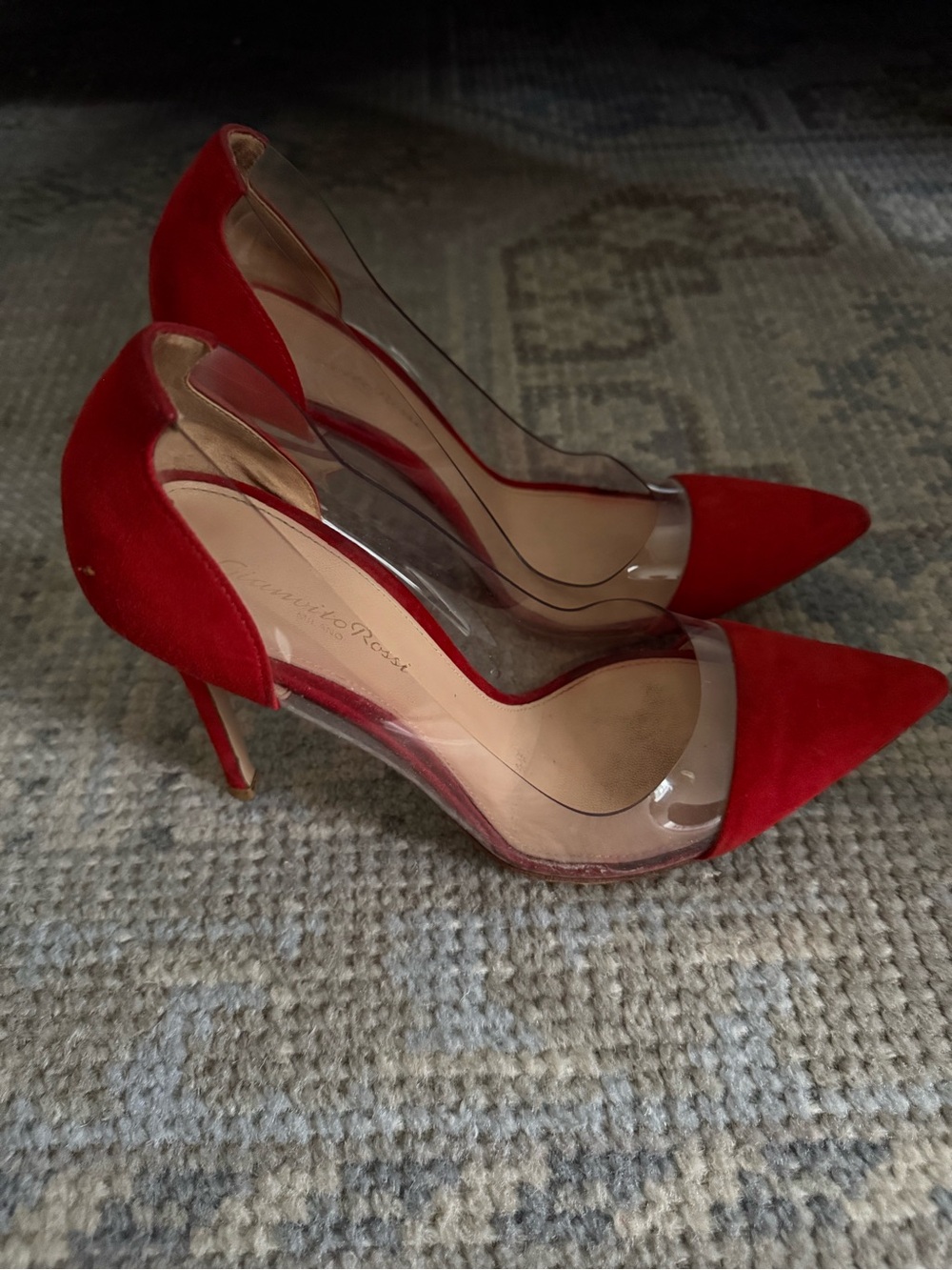 GIANVITO ROSSI PLEXI Red Pointed-Toe Clear-Panel Pumps - Women's